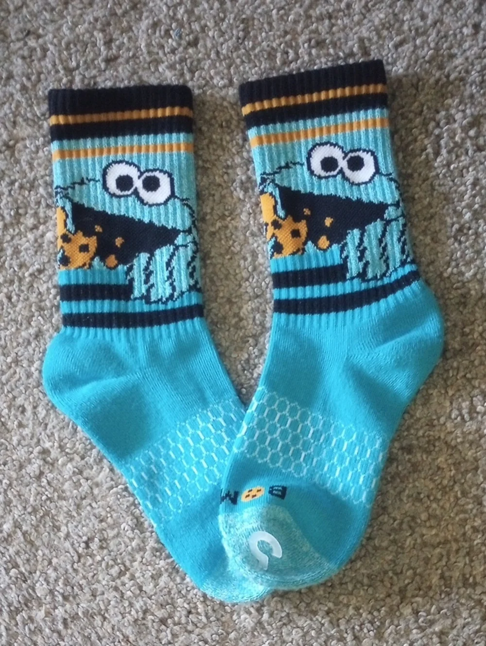 Bombas Kids Cookie Monster Turquoise Yellow Black Crew Socks
